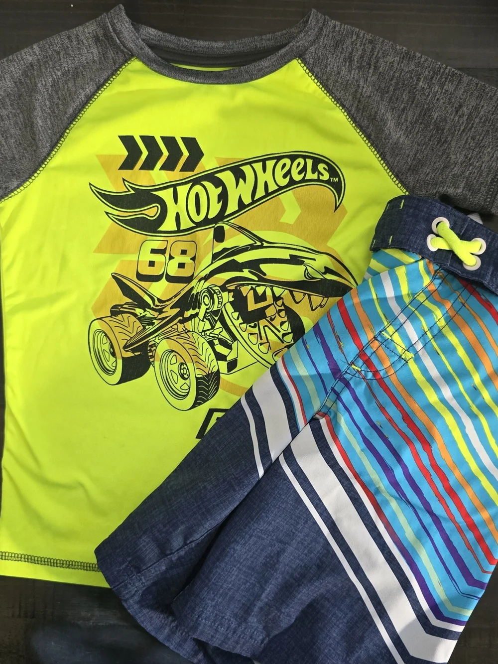 Boys Hot Wheels Neon Green Raglan Swim Top